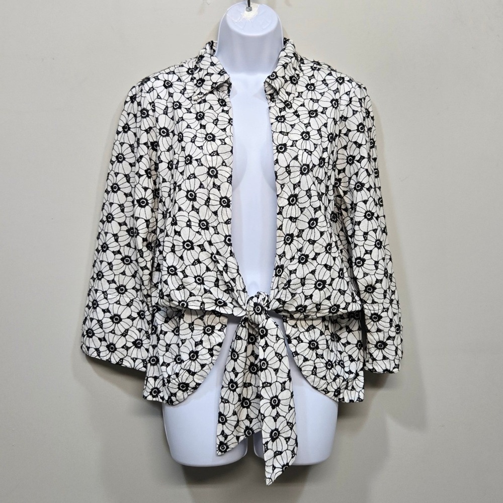 Mishca Eyelet Floral Tie Front Shirt Top Large Cotton Mod Retro 70s Cottagecore